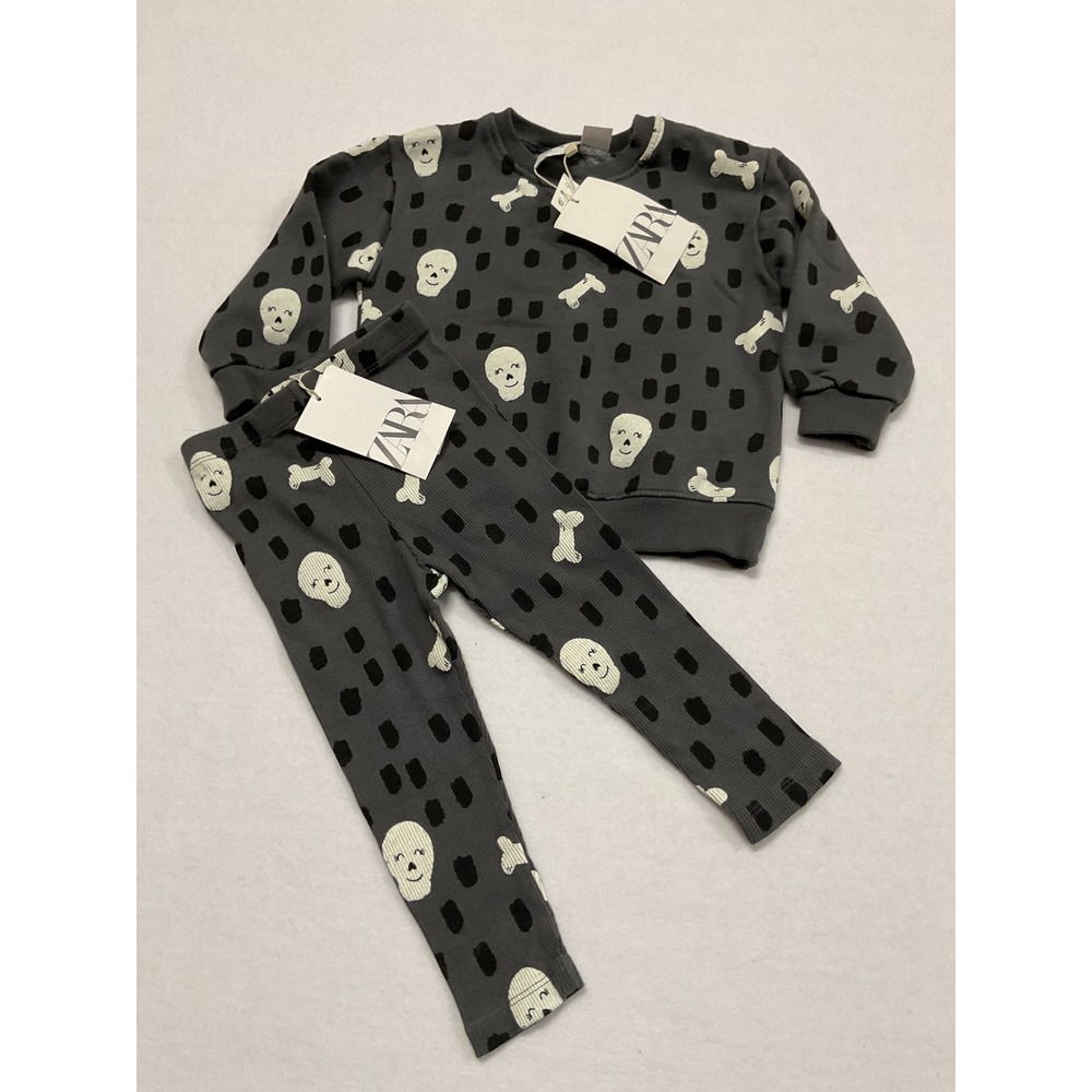 Zara Baby Halloween Skulls Bones Sweatshirt Leggings Set Grey 12-18 Months NWT